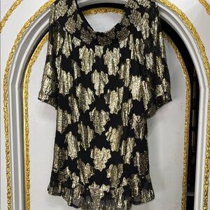 Boston Proper Black and Gold Lame Metallic Thread Mini Dress Size M